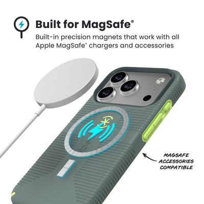A MagSafe charger hovers over the back of the phone case. Text reads Built for MagSafe: Built-in precision magnets that work with all Apple MagSafe chargers and accessories; MagSafe accessories compatible#color_neo-drab-glow-green