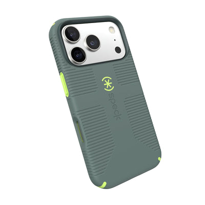 Tilted slight perspective view of back of phone case with phone inside#color_neo-drab-glow-green