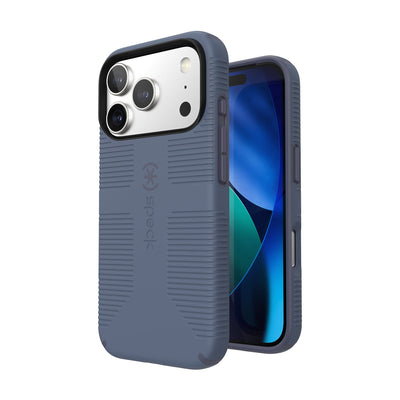 Three-quarter view of back of phone case with phone inside shown over top of front view of phone case with phone inside#color_mystery-blue-faded-denim