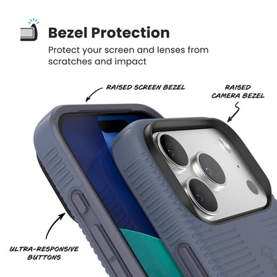 Raised bezels around phone screen and camera are highlighted. Text reads Bezel Protectection: Protect your screen and lenses from scratches and impact; Raised screen bezel; Raised camera bezel; Ultra-responsive buttons#color_mystery-blue-faded-denim
