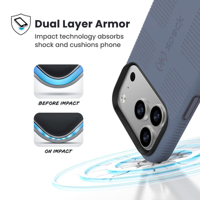 A corner of the case impacts the ground - a diagram shows interior cushion of phone before impact and on impact. Text reads Dual Layer Armor: Impact technology absorbs shock and cushions phone; 13-foot drop tested#color_mystery-blue-faded-denim