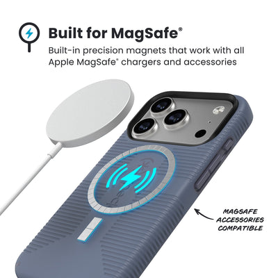 A MagSafe charger hovers over the back of the phone case. Text reads Built for MagSafe: Built-in precision magnets that work with all Apple MagSafe chargers and accessories; MagSafe accessories compatible#color_mystery-blue-faded-denim