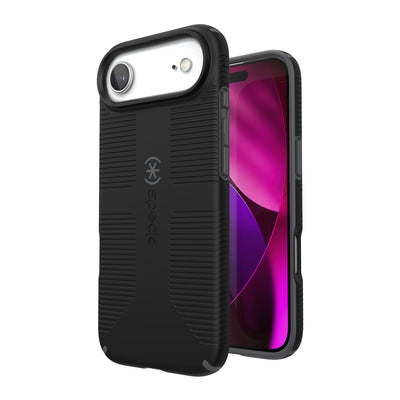 Three-quarter view of back of phone case with phone inside shown over top of front view of phone case with phone inside#color_black-slate-grey
