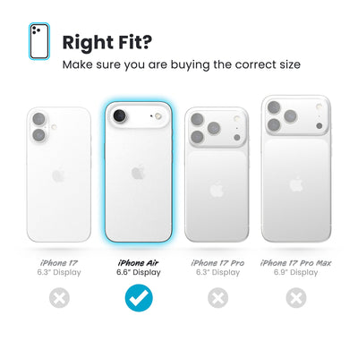 All four phones are shown; the iPhone Air 6.6-inch display is highlighted. Text reads Right fit? Make sure you are buying the correct size#color_black-slate-grey