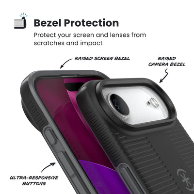 Raised bezels around phone screen and camera are highlighted. Text reads Bezel Protectection: Protect your screen and lenses from scratches and impact; Raised screen bezel; Raised camera bezel; Ultra-responsive buttons#color_black-slate-grey