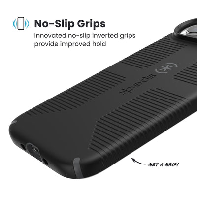 Close-up of grips on the back and side of a phone case. Text reads No-Slip Grips: Innovated no-slip inverted grips provide improved hold; Get a grip!#color_black-slate-grey