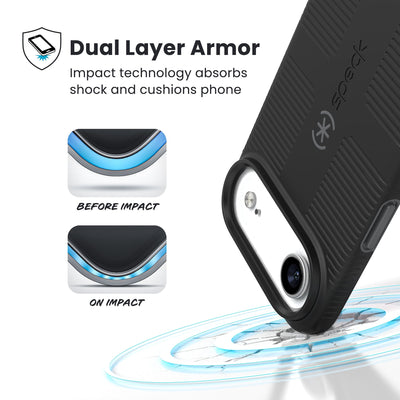 A corner of the case impacts the ground - a diagram shows interior cushion of phone before impact and on impact. Text reads Dual Layer Armor: Impact technology absorbs shock and cushions phone; 13-foot drop tested#color_black-slate-grey