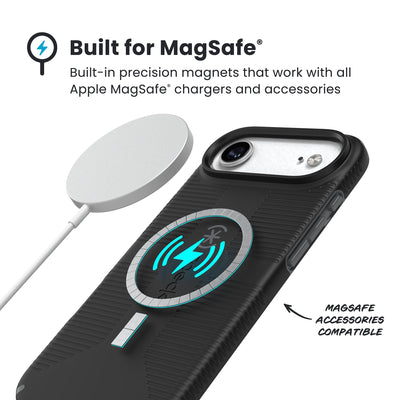 A MagSafe charger hovers over the back of the phone case. Text reads Built for MagSafe: Built-in precision magnets that work with all Apple MagSafe chargers and accessories; MagSafe accessories compatible#color_black-slate-grey