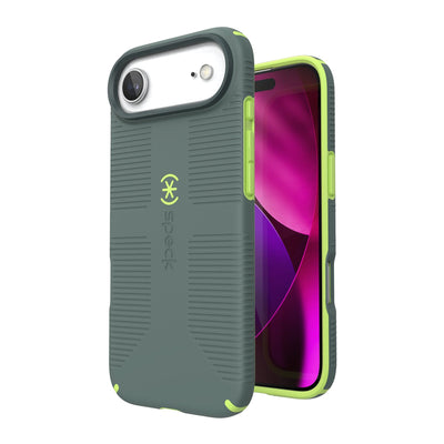 Three-quarter view of back of phone case with phone inside shown over top of front view of phone case with phone inside#color_neo-drab-glow-green