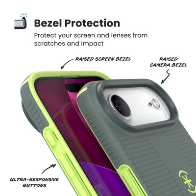 Raised bezels around phone screen and camera are highlighted. Text reads Bezel Protectection: Protect your screen and lenses from scratches and impact; Raised screen bezel; Raised camera bezel; Ultra-responsive buttons#color_neo-drab-glow-green