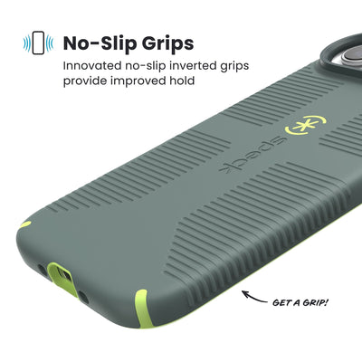 Close-up of grips on the back and side of a phone case. Text reads No-Slip Grips: Innovated no-slip inverted grips provide improved hold; Get a grip!#color_neo-drab-glow-green