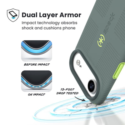 A corner of the case impacts the ground - a diagram shows interior cushion of phone before impact and on impact. Text reads Dual Layer Armor: Impact technology absorbs shock and cushions phone; 13-foot drop tested#color_neo-drab-glow-green