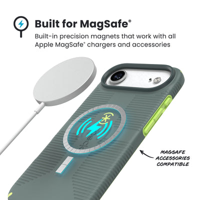 A MagSafe charger hovers over the back of the phone case. Text reads Built for MagSafe: Built-in precision magnets that work with all Apple MagSafe chargers and accessories; MagSafe accessories compatible#color_neo-drab-glow-green