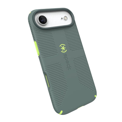 Tilted slight perspective view of back of phone case with phone inside#color_neo-drab-glow-green