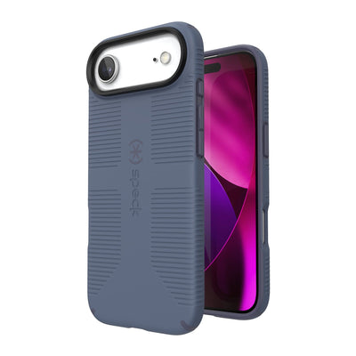 Three-quarter view of back of phone case with phone inside shown over top of front view of phone case with phone inside#color_mystery-blue-faded-denim