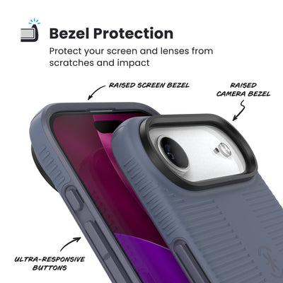 Raised bezels around phone screen and camera are highlighted. Text reads Bezel Protectection: Protect your screen and lenses from scratches and impact; Raised screen bezel; Raised camera bezel; Ultra-responsive buttons#color_mystery-blue-faded-denim