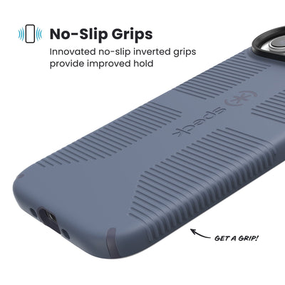 Close-up of grips on the back and side of a phone case. Text reads No-Slip Grips: Innovated no-slip inverted grips provide improved hold; Get a grip!#color_mystery-blue-faded-denim