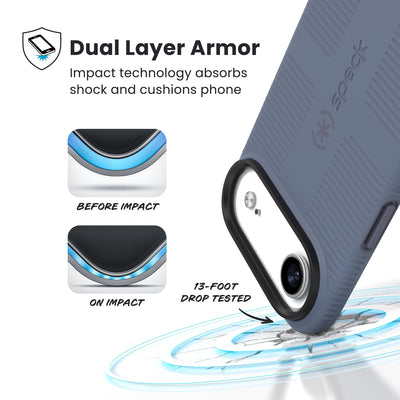 A corner of the case impacts the ground - a diagram shows interior cushion of phone before impact and on impact. Text reads Dual Layer Armor: Impact technology absorbs shock and cushions phone; 13-foot drop tested#color_mystery-blue-faded-denim