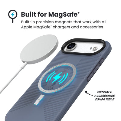 A MagSafe charger hovers over the back of the phone case. Text reads Built for MagSafe: Built-in precision magnets that work with all Apple MagSafe chargers and accessories; MagSafe accessories compatible#color_mystery-blue-faded-denim