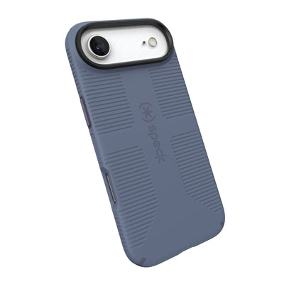 Tilted slight perspective view of back of phone case with phone inside#color_mystery-blue-faded-denim