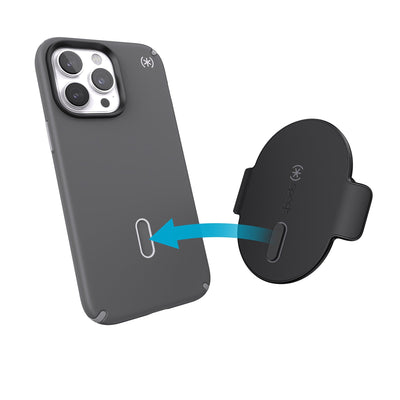 Three-quarter angled view of an iPhone in a Speck ClickLock case with the mount opposite the phone and an arrow illustrating how the attachment bolt of the mount fits into the slot on the phone case.#color_black
