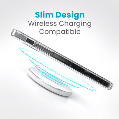 Side view of a case with a phone inside hovering over a wireless charger with concentric circles eminating from charger to signify power transfer. Text in image reads slim design - wireless charging compatible.#color_clear-platinum-glitter