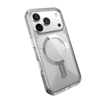 Tilted slight perspective view of back of phone case with phone inside#color_clear