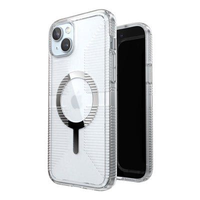 Three-quarter view of back of phone case simultaneously shown with three-quarter front view of phone case.#color_clear-chrome