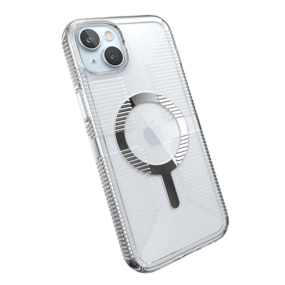 Tilted three-quarter angled view of back of phone case.#color_clear-chrome