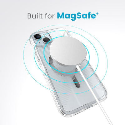 A case with phone inside with camera facing up and MagSafe wireless charger hovering above with concentric circles eminating from charger to signify power transfer. Text in image reads built for MagSafe.#color_clear-chrome