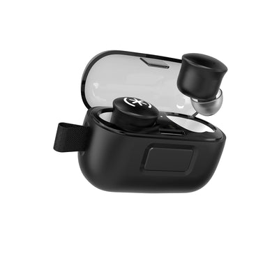 Tilted three-quarter angled view of earbud case open with one earbud hovering above it's indentation and the other locked into the case.#color_back-in-black