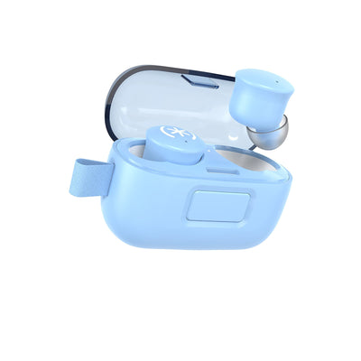 Tilted three-quarter angled view of earbud case open with one earbud hovering above it's indentation and the other locked into the case.#color_bop-blue