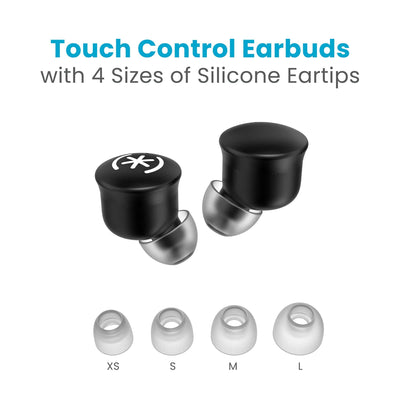 Top view of both earbuds next to each other without case and four sizes of silicone tips below them. Touch control earbuds with four sizes of silicone eartips - extra small, small, medium, and large.#color_back-in-black