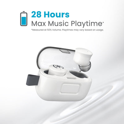 Tilted three-quarter angled view of earbud case open with one earbud hovering above it's indentation and the other locked into the case. 28 hours max music playtime (measured at 50% volume - playtimes may vary based on usage).#color_white-album