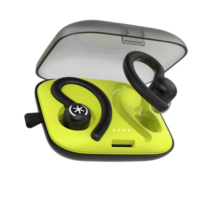 Tilted three-quarter angled view of earbud case open with one earbud hovering above it's indentation and the other locked into the case.#color_sport-black-momentum-green