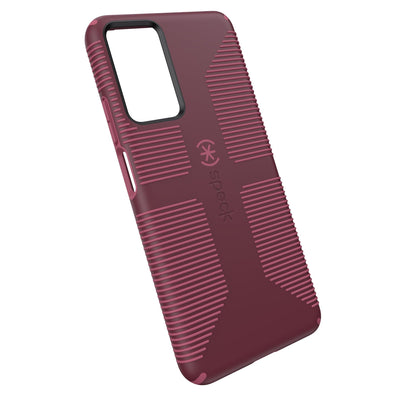 Tilted three-quarter angled view of back of phone case.#color_rusty-red-currant-red