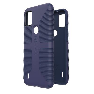 Three-quarter view of back of phone case simultaneously shown with three-quarter front view of phone case.#color_thunder-blue-space-blue