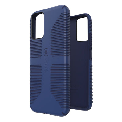 Three-quarter view of back of phone case simultaneously shown with three-quarter front view of phone case#color_true-blue-fresh-indigo