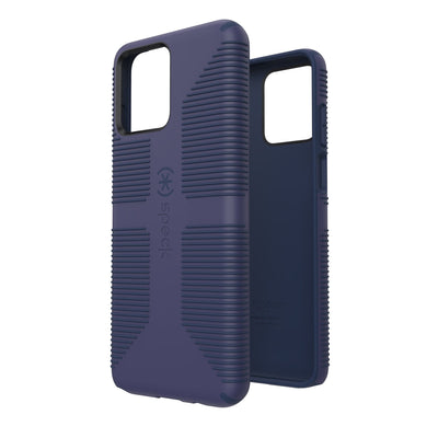 Three-quarter view of back of phone case simultaneously shown with three-quarter front view of phone case