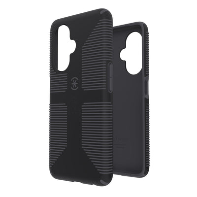 Three-quarter view of back of phone case simultaneously shown with three-quarter front view of phone case