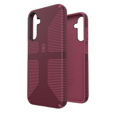 Three-quarter view of back of phone case simultaneously shown with three-quarter front view of phone case#color_rusty-red-currant-red