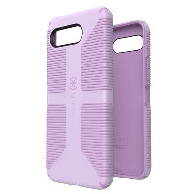 Three-quarter view of back of phone case simultaneously shown with three-quarter front view of phone case#color_phlox-purple-pale-iris
