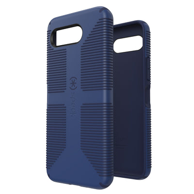 Three-quarter view of back of phone case simultaneously shown with three-quarter front view of phone case#color_true-blue-fresh-indigo