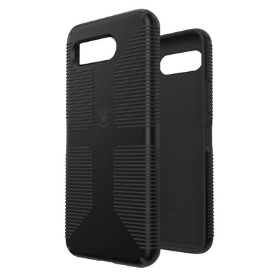 Three-quarter view of back of phone case simultaneously shown with three-quarter front view of phone case#color_black-shadow