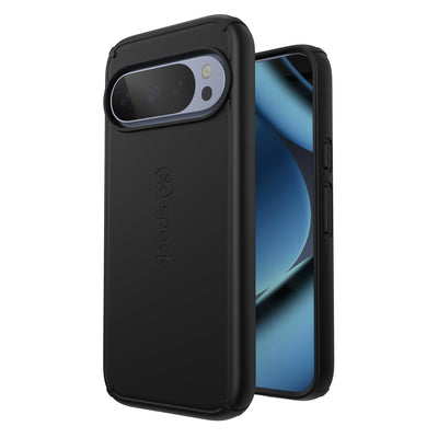 Three-quarter view of back of phone case simultaneously shown with three-quarter front view of phone case#color_black