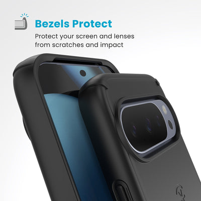 A case with camera facing up is on a case with screen facing up. Raised bezels around screen and camera are clearly visible. Text reads Bezels Protect: Protect your screen and lenses from scratches and impact#color_black