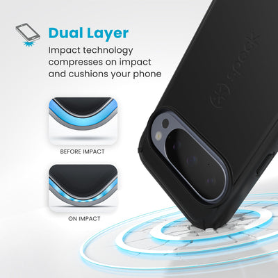 A case hits a hard surface. Diagrams show case lining before and at impact. Text reads Dual Layer: Impact technology compresses on impact and cushions your phone#color_black