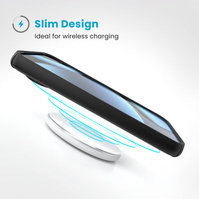 A phone is charging over a wireless charger. Text reads Slim Design: Ideal for wireless charging#color_black