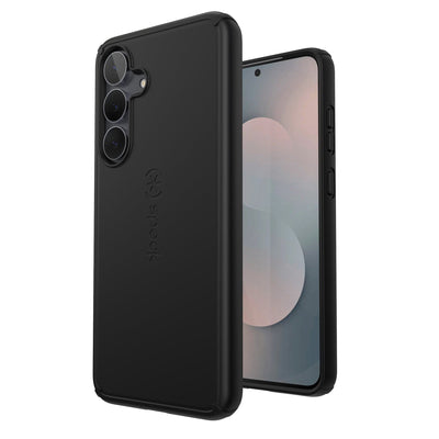 Three-quarter view of back of phone case simultaneously shown with three-quarter front view of phone case#color_black