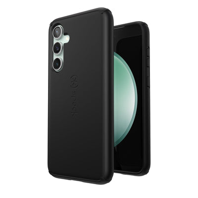 Three-quarter view of back of phone case simultaneously shown with three-quarter front view of phone case.#color_black
